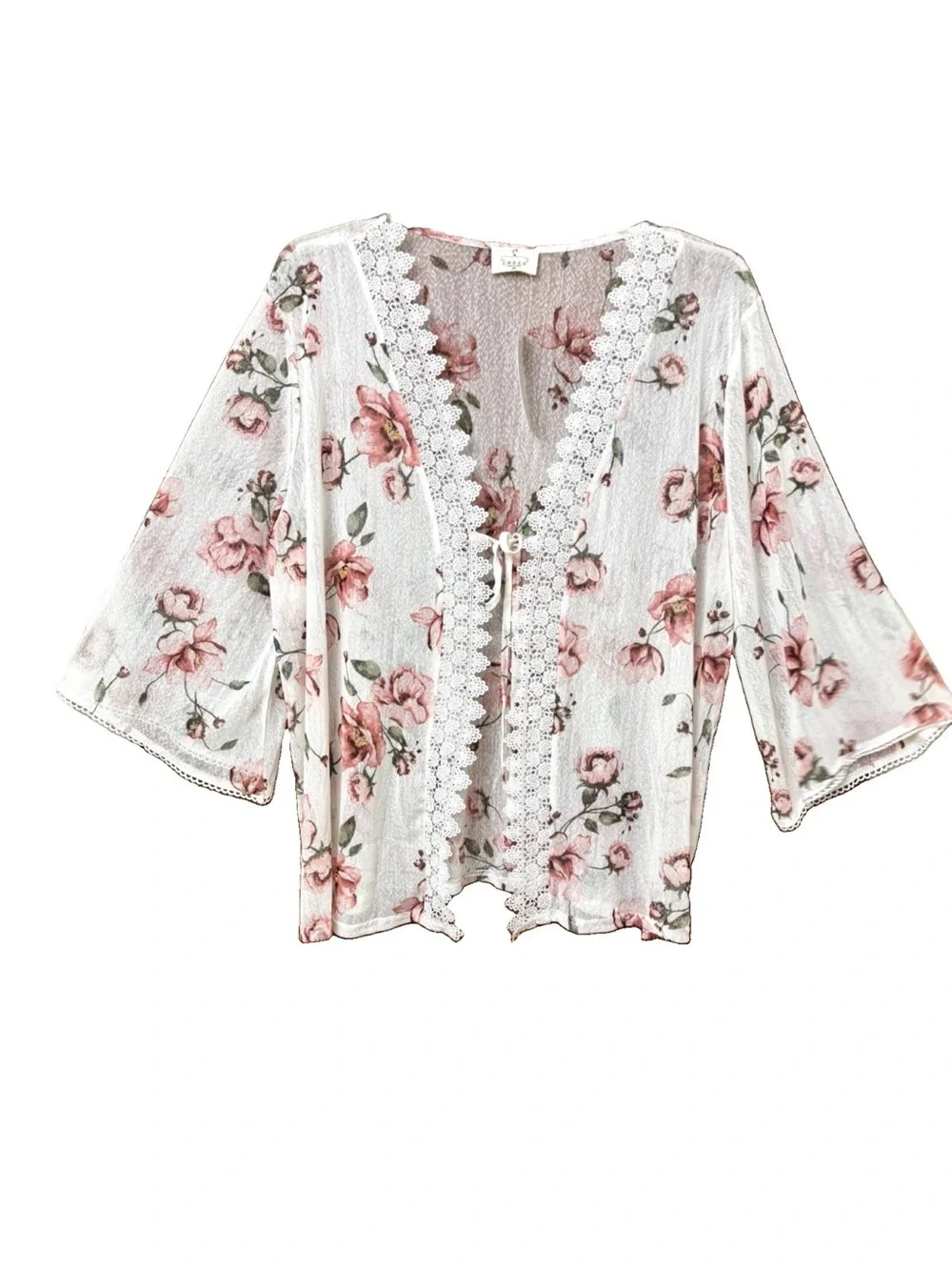 WOMEN CROCHET LACE SHORT TIE CARDIGAN 2X/3X FLORAL BELL SLEEVE MESH ROMANTIC $55